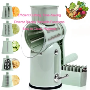 5-in-1 manual rotary cheese grater with interchangeable drums on white background