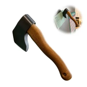 bloody meat cleaver shaped fridge magnet clip holding a note on refrigerator