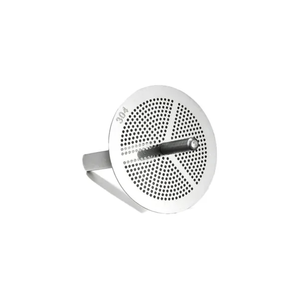 Stainless steel kitchen funnel with handle on white background
