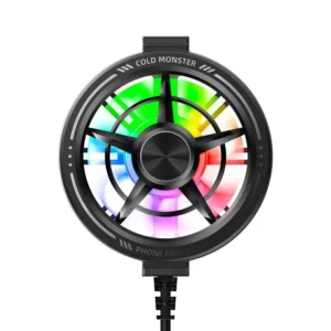 USB clip-on cooling fan attached to smartphone with RGB light