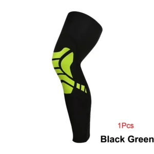 Full-length sports compression leg sleeve in black with blue accents