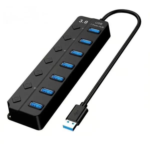 7-port USB 3.0 hub showing seven USB ports with individual power switches and LED indicators