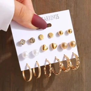 Gold tone vintage geometric pearl dangle earrings set with square and round shapes