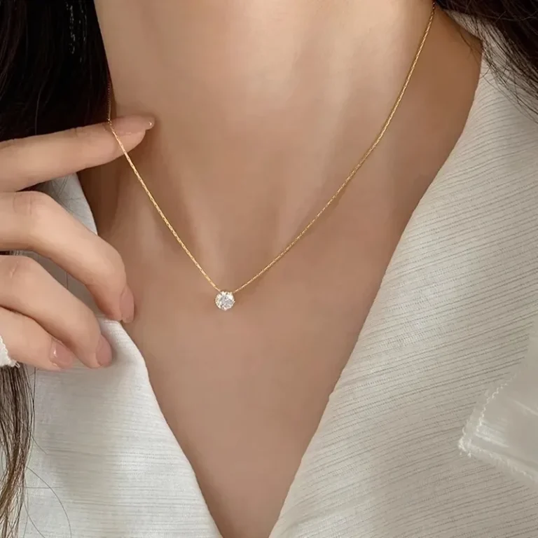 Gold Plated Stainless Steel Necklace with Clear Zircon Charm