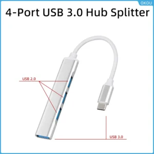 USB-C hub with four USB 3.0 Type-A ports on white background