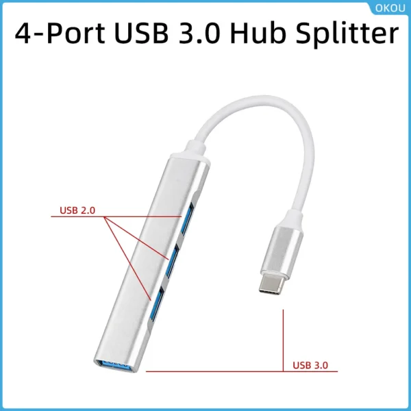 USB-C hub with four USB 3.0 Type-A ports on white background
