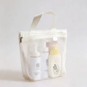 Beige mesh hanging toiletry and makeup organizer bag