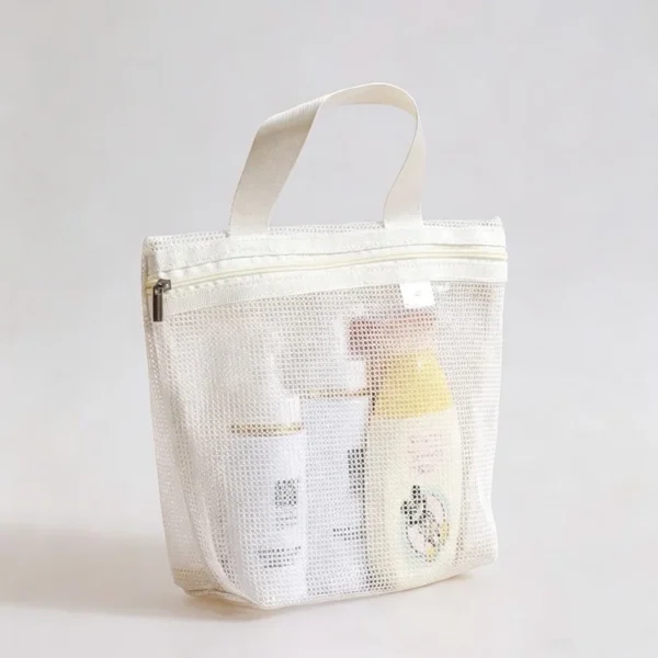 Beige mesh hanging toiletry and makeup organizer bag