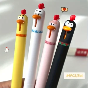 Set of four gel pens with duck and chicken rotating tops and black ink
