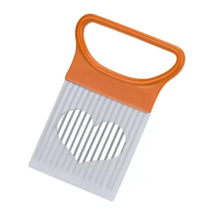 Colorful plastic holder with stainless steel blades onion slicer on white background
