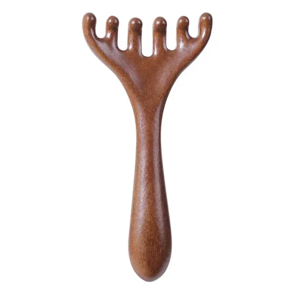 Golden sandalwood five-claw handheld massager comb on white background
