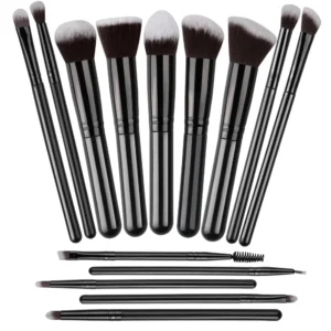 14-piece makeup brush set with synthetic bristles and colorful handles