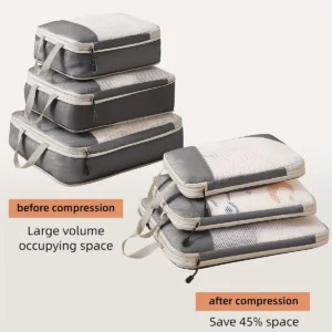 Set of three travel compression packing cubes in gray, white, black, and green colors