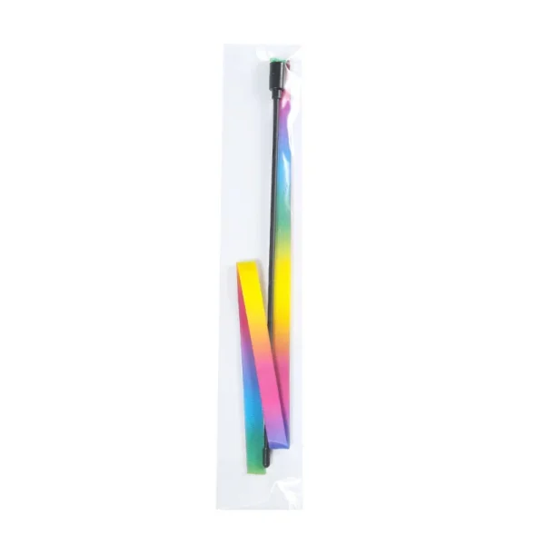 Cat teaser wand toy with multicolored satin ribbons attached to a stick