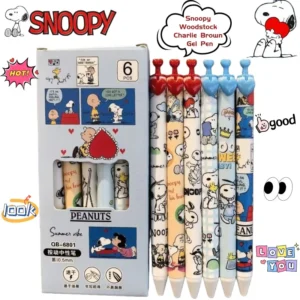 Set of six gel pens with Snoopy and Charlie Brown cartoon designs