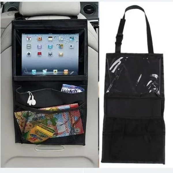 Black car trunk organizer with red border placed in vehicle backseat