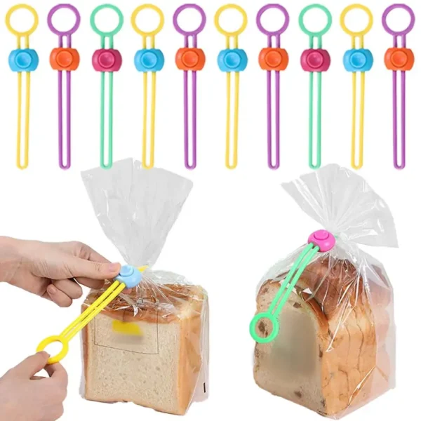 Pack of silicone adjustable sealing straps holding a sealed food bag and bundled cables