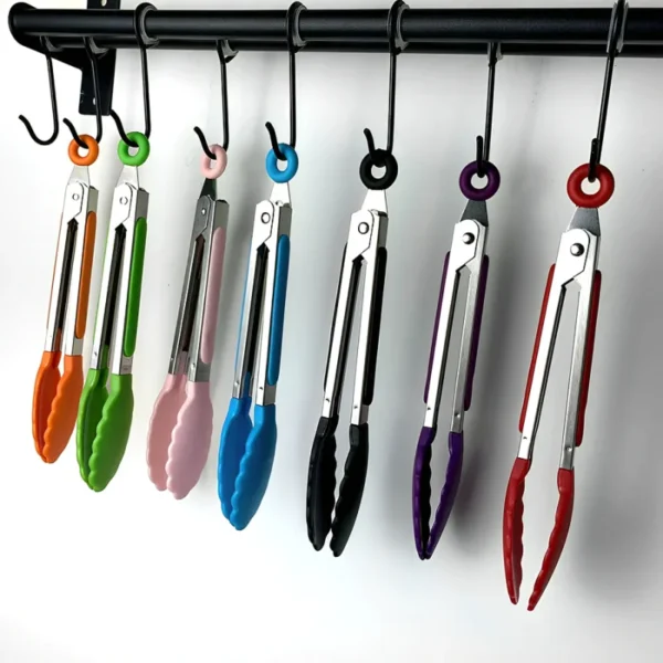 Stainless steel anti-slip cooking and serving tongs on white background