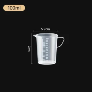 Transparent plastic measuring cup with graduated markings and optional lid