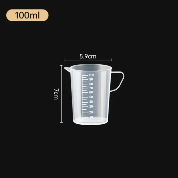 Transparent plastic measuring cup with graduated markings and optional lid