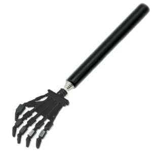 Black skeleton hand shaped back scratcher with telescoping stainless steel handle extended