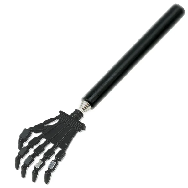 Black skeleton hand shaped back scratcher with telescoping stainless steel handle extended