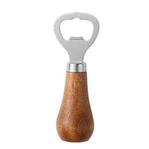 Beer bottle opener with solid acacia wood handle and rose gold stainless steel head