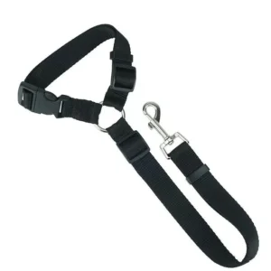 Adjustable nylon dog car seat belt and leash in solid color attached to car seat