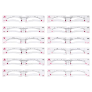 Set of 12 reusable plastic eyebrow shaping stencils on white background