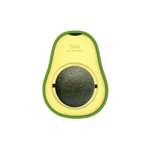 Avocado shaped rotating catnip ball toy attached to a wall