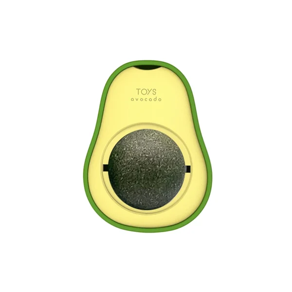 Avocado shaped rotating catnip ball toy attached to a wall