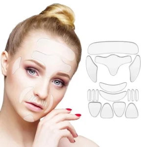 Set of assorted reusable silicone face and neck patches for wrinkle care