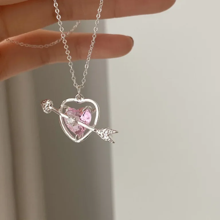 Pink Crystal Heart Bow Tie Pendant Necklace with Silver Chain