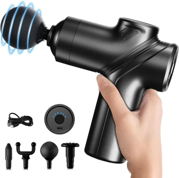 LEERCON Mini Muscle Massage Gun with four interchangeable heads in blue color