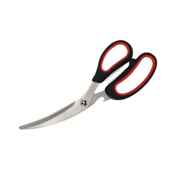 Stainless steel kitchen scissors with ergonomic handle and sharp blades on white background