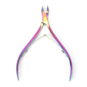 Colorful stainless steel cuticle nipper with sharp blades on white background