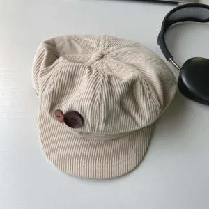 Brown corduroy octagonal beret hat with button detail