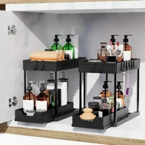 Black 2-tier under sink cabinet organizer with pull-out trays and side hooks