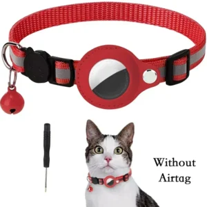 Reflective cat collar with attached Airtag protective case and small bell