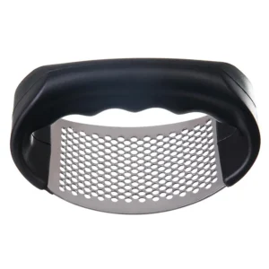 Stainless steel garlic press and rocker mincer tool on white background