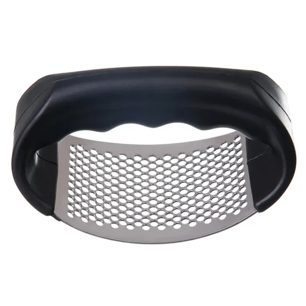 Stainless steel garlic press and rocker mincer tool on white background