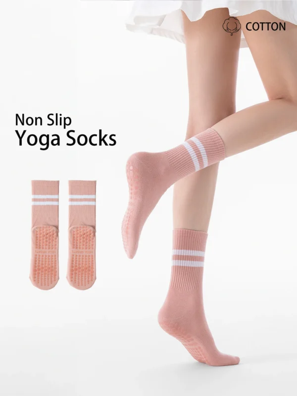 Two pairs of women's cotton blend non-slip yoga socks with color blocking design