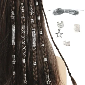 set of 36 gold and silver geometric star hair rings for braids and dreadlocks