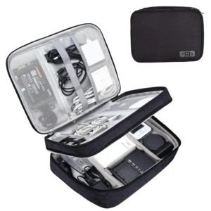 Black nylon portable organizer bag for USB cables and small electronic accessories