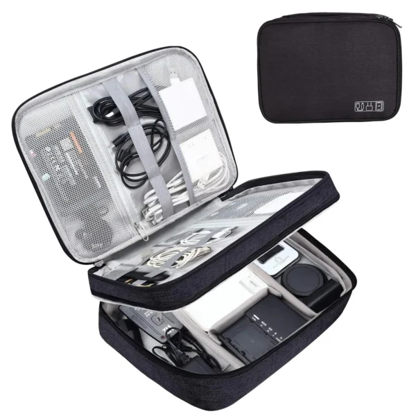 Black nylon portable organizer bag for USB cables and small electronic accessories