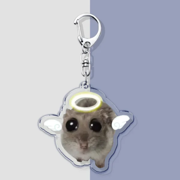 Acrylic keychain showing a sad hamster with silver lobster clasp attached