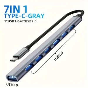 7-port USB 3.0 hub with USB-C and USB-A connectors on a white background