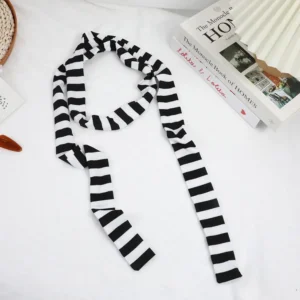 Black and grey striped cotton knit scarf for women, thin and long