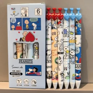Set of six Snoopy-themed gel pens with plastic barrels and 0.5mm tips