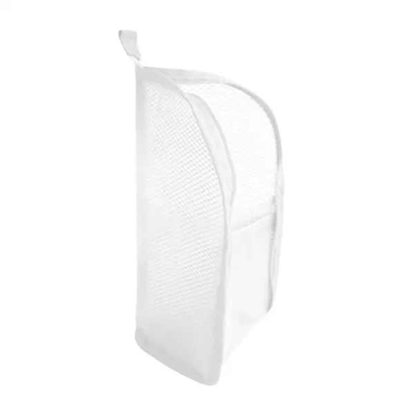 EVA mesh stand-up travel toiletry bag with zipper closed and contents visible